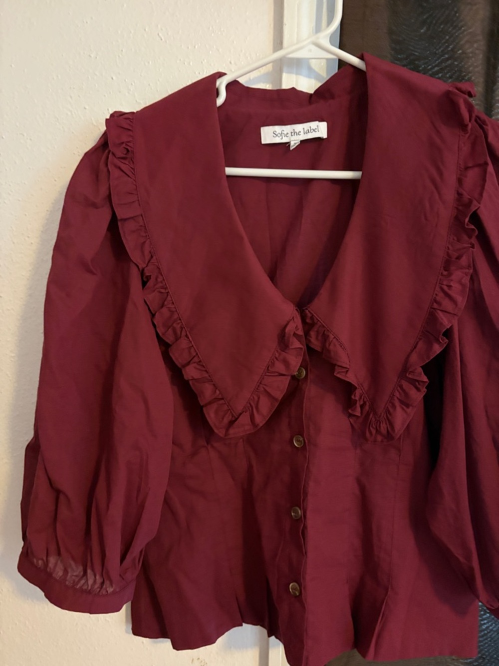 Soje the Label Burgundy Ruffle Collar Button-Front Blouse - Picture 2 of 3